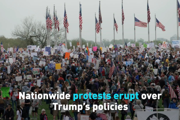 Protestas a Nivel Nacional Sacuden EE.UU. por las Políticas Económicas de Trump video poster